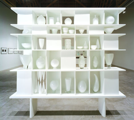 Charlotte Perriand, Carlo Scarpa, some others (White), 2000 - Blown glass objects, wood and metal display case.